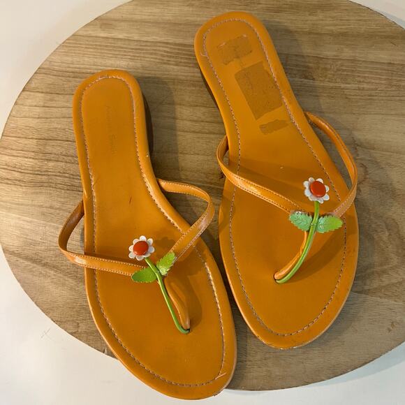 Amanda Smith Floral Embellished 90s Orange Leather Thong Sandals Size 8.5 - Picture 1 of 9